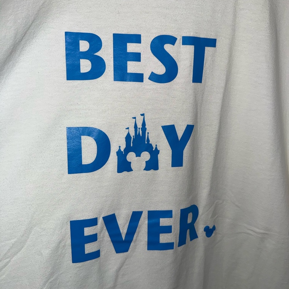 Disney Mickey White Tee "Best Day Ever" with Blue Cinderella Castle Print